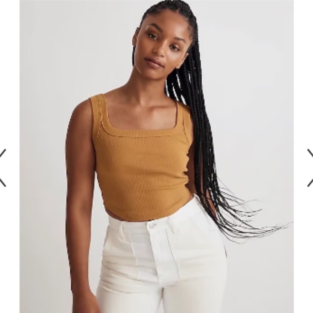 Madewell Womens XS Mustard Yellow‎ Ribbed Square Neck Tank crop Curved Hem